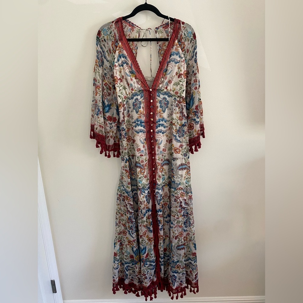 Alice + Olivia Alexandria Floral-Print Maxi Dress Bell Sleeve Fringe Size 8 - Picture 2 of 13